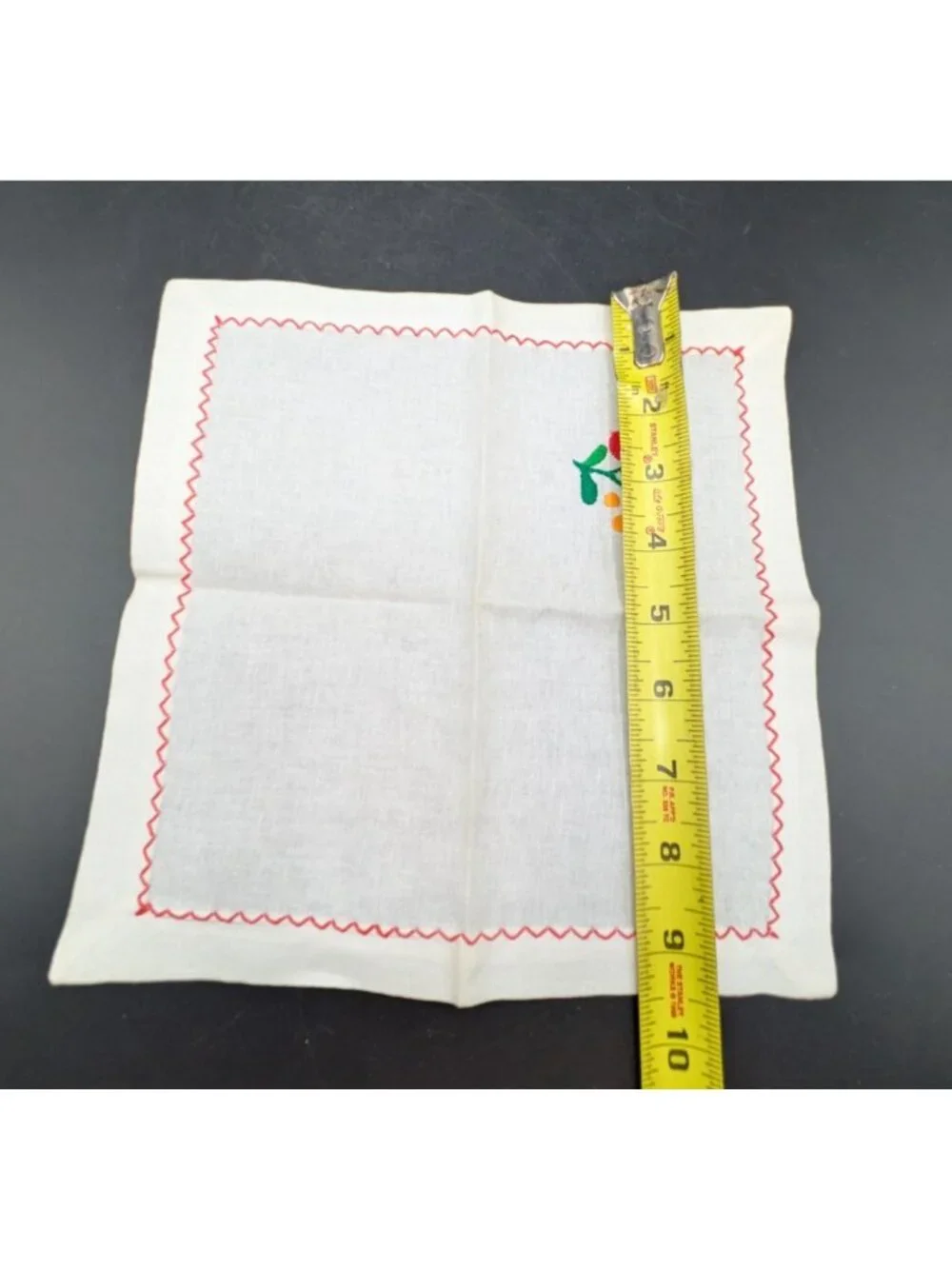 Vintage Linen Tea Napkins Embroidered Floral on White Red Trim Set of 4